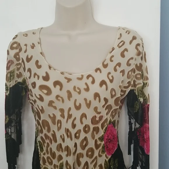 Vintage Velvet Beaded Fringe Top Leopard W Roses No Labels Size Small - Picture 2 of 5